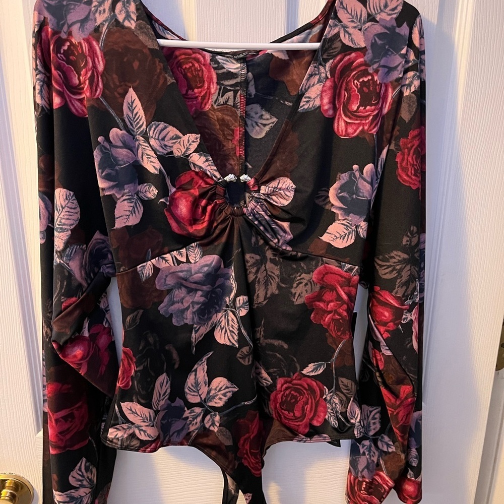 Guess Black Floral Long Sleeve Top with Red and Pink Roses